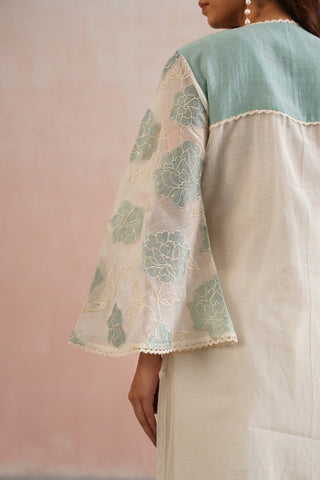 Ivory Mul chanderi blue applique and pearl embroidered kurta paired with cotton pants and mul chanderi dupatta - Set of 4