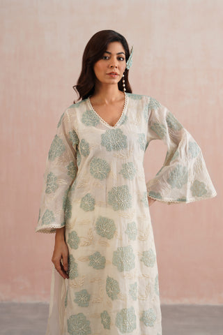 Ivory Mul chanderi blue applique and pearl embroidered kurta paired with cotton pants and mul chanderi dupatta - Set of 4