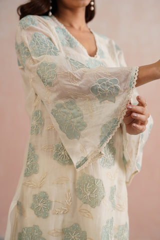 Ivory Mul chanderi blue applique and pearl embroidered kurta paired with cotton pants and mul chanderi dupatta - Set of 4