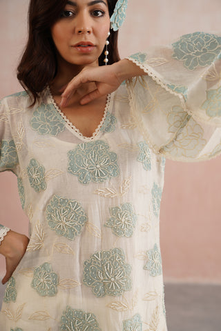 Ivory Mul chanderi blue applique and pearl embroidered kurta paired with cotton pants and mul chanderi dupatta - Set of 4