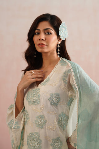 Ivory Mul chanderi blue applique and pearl embroidered kurta paired with cotton pants and mul chanderi dupatta - Set of 4