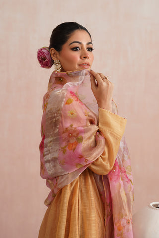 Peach Mul chanderi pearl and jewels embroidered kurta