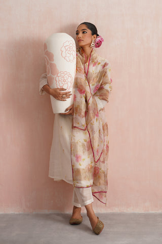 Ivory Mul chanderi pearl and jewels embroidered kurta paired with cotton chanderi pants and tissue organza embroidered dupatta - Set of 4