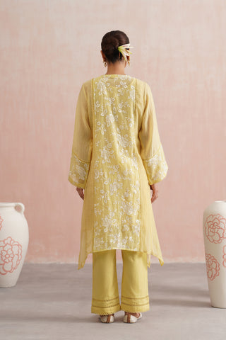 Yellow Mul chanderi pearl embroidered short kurta paired with cotton pants and mul chanderi dupatta - Set of 4