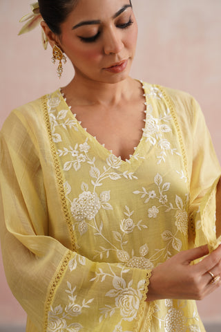 Yellow Mul chanderi pearl embroidered short kurta paired with cotton pants and mul chanderi dupatta - Set of 4