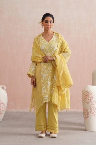Yellow Mul chanderi pearl embroidered short kurta paired with cotton pants and mul chanderi dupatta - Set of 4