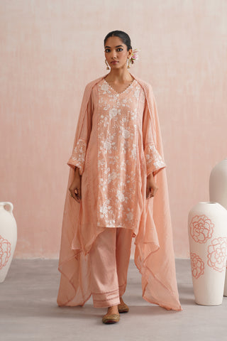 Peach Mul chanderi pearl embroidered short kurta paired with cotton pants and mul chanderi dupatta - Set of 4