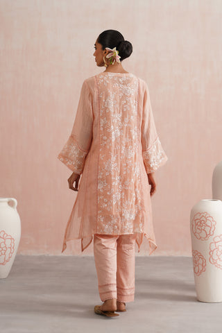 Peach Mul chanderi pearl embroidered short kurta paired with cotton pants and mul chanderi dupatta - Set of 4