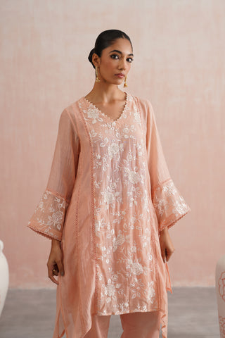 Peach Mul chanderi pearl embroidered short kurta paired with cotton pants and mul chanderi dupatta - Set of 4