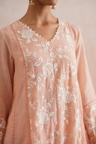 Peach Mul chanderi pearl embroidered short kurta paired with cotton pants and mul chanderi dupatta - Set of 4