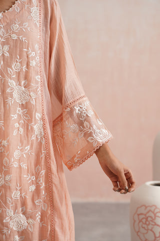 Peach Mul chanderi pearl embroidered short kurta paired with cotton pants and mul chanderi dupatta - Set of 4