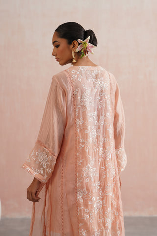 Peach Mul chanderi pearl embroidered short kurta paired with cotton pants and mul chanderi dupatta - Set of 4