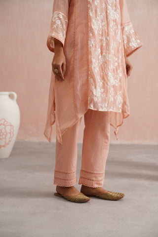 Peach Mul chanderi pearl embroidered short kurta paired with cotton pants and mul chanderi dupatta - Set of 4