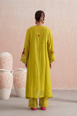 Lime Green Mul chanderi beadwork kurta paired with cotton chanderi pants and mul chanderi embroidered dupatta - Set of 4