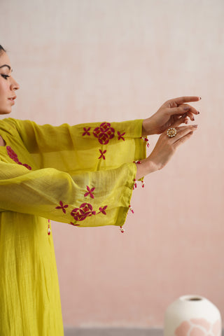 Lime Green Mul chanderi beadwork kurta paired with cotton chanderi pants and mul chanderi embroidered dupatta - Set of 4