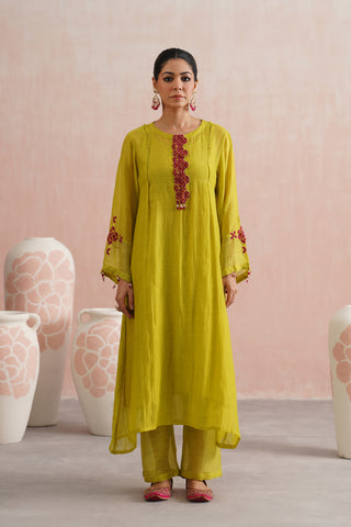 Lime Green Mul chanderi beadwork kurta paired with cotton chanderi pants and mul chanderi embroidered dupatta - Set of 4