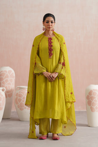 Lime Green Mul chanderi beadwork kurta paired with cotton chanderi pants and mul chanderi embroidered dupatta - Set of 4