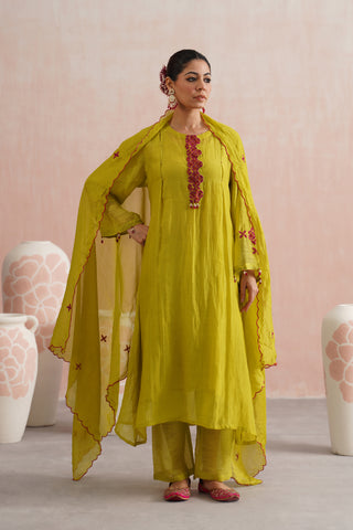 Lime Green Mul chanderi beadwork kurta paired with cotton chanderi pants and mul chanderi embroidered dupatta - Set of 4