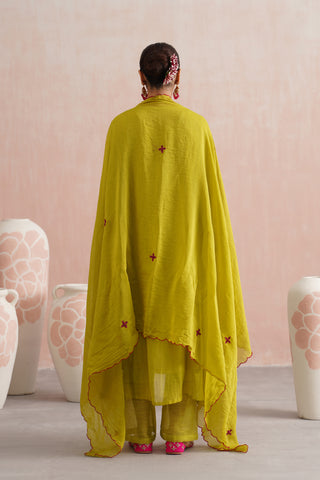 Lime Green Mul chanderi beadwork kurta paired with cotton chanderi pants and mul chanderi embroidered dupatta - Set of 4
