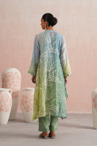 Mul chanderi ombre pearl embroidered kurta paired with cotton pants and mul chanderi dupatta - Set of 4