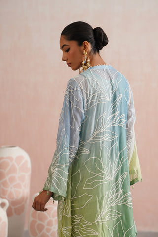 Mul chanderi ombre pearl embroidered kurta paired with cotton pants and mul chanderi dupatta - Set of 4