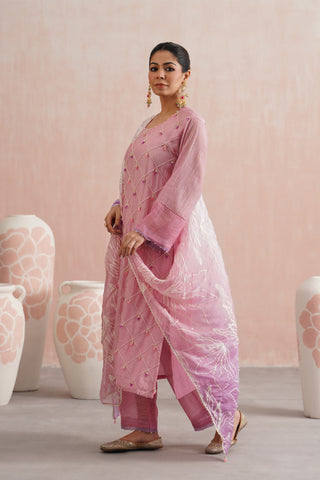 Rose Pink Mul chanderi pearl and jewels embroidered kurta paired with cotton chanderi pants and mul chanderi ombre embroidered dupatta - Set of 3