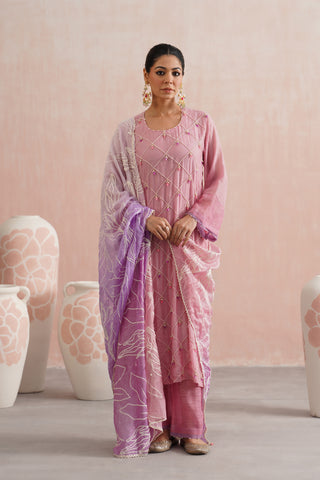 Rose Pink Mul chanderi pearl and jewels embroidered kurta paired with cotton chanderi pants and mul chanderi ombre embroidered dupatta - Set of 3
