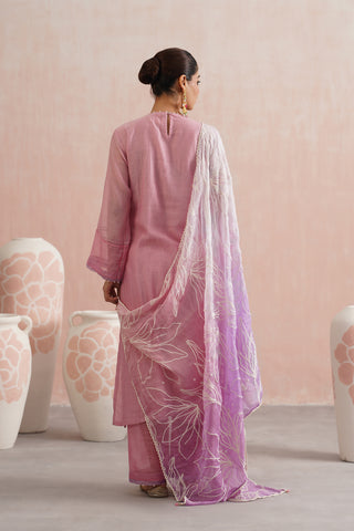 Rose Pink Mul chanderi pearl and jewels embroidered kurta paired with cotton chanderi pants and mul chanderi ombre embroidered dupatta - Set of 3