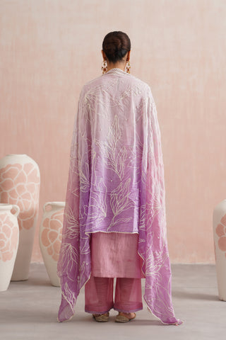 Rose Pink Mul chanderi pearl and jewels embroidered kurta paired with cotton chanderi pants and mul chanderi ombre embroidered dupatta - Set of 3