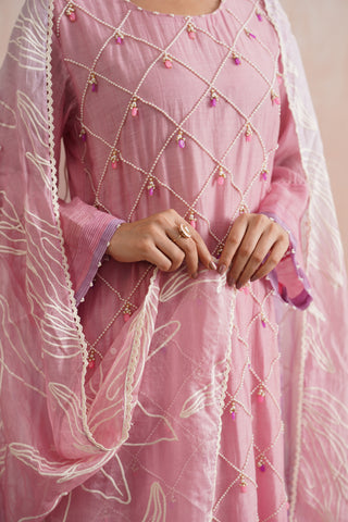 Rose Pink Mul chanderi pearl and jewels embroidered kurta paired with cotton chanderi pants and mul chanderi ombre embroidered dupatta - Set of 3