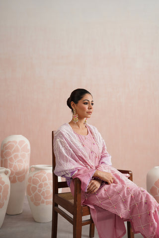 Rose Pink Mul chanderi pearl and jewels embroidered kurta paired with cotton chanderi pants and mul chanderi ombre embroidered dupatta - Set of 3