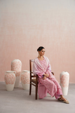Rose Pink Mul chanderi pearl and jewels embroidered kurta paired with cotton chanderi pants and mul chanderi ombre embroidered dupatta - Set of 3