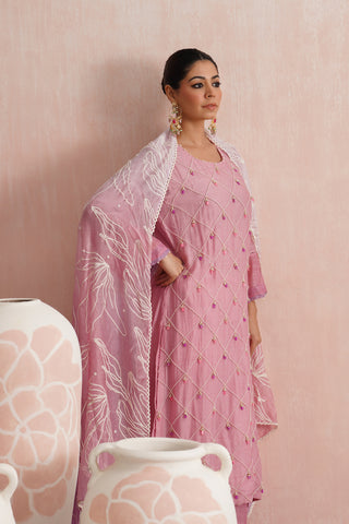 Rose Pink Mul chanderi pearl and jewels embroidered kurta paired with cotton chanderi pants and mul chanderi ombre embroidered dupatta - Set of 3