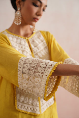 Mustard Yellow chanderi pearl embroidered lace detailing in kurta paired with cotton pants and mul chanderi applique work dupatta - Set of 4