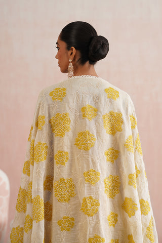 Mustard Yellow chanderi pearl embroidered lace detailing in kurta paired with cotton pants and mul chanderi applique work dupatta - Set of 4