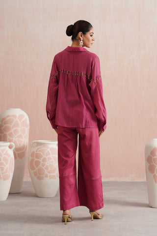 Fuschia Pink Mul chanderi pearl and polki embroidered shirt paired with cotton pants - Set of 3