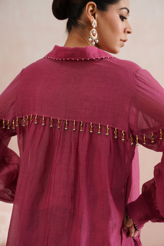 Fuschia Pink Mul chanderi pearl and polki embroidered shirt paired with cotton pants - Set of 3