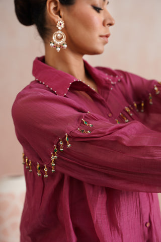 Fuschia Pink Mul chanderi pearl and polki embroidered shirt paired with cotton pants - Set of 3