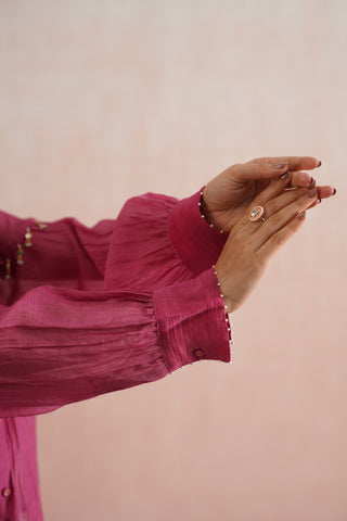 Fuschia Pink Mul chanderi pearl and polki embroidered shirt paired with cotton pants - Set of 3
