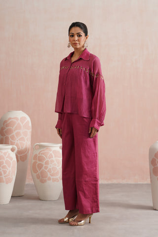 Fuschia Pink Mul chanderi pearl and polki embroidered shirt paired with cotton pants - Set of 3