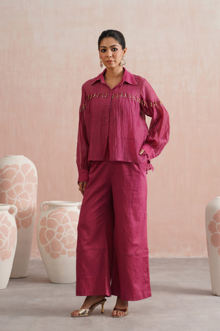 Fuschia Pink Mul chanderi pearl and polki embroidered shirt paired with cotton pants - Set of 3