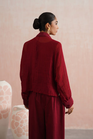 Maroon Mul chanderi pearl and ruby embroidered co-ord set