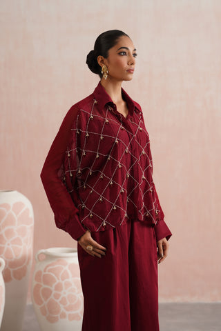 Maroon Mul chanderi pearl and ruby embroidered co-ord set
