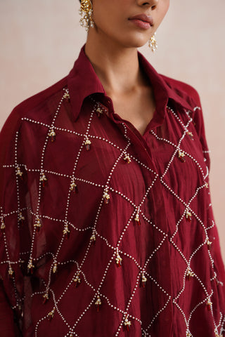 Maroon Mul chanderi pearl and ruby embroidered co-ord set