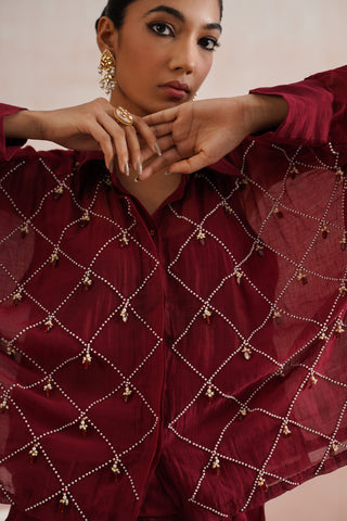 Maroon Mul chanderi pearl and ruby embroidered co-ord set