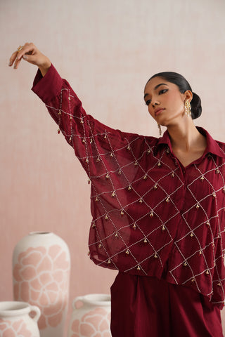 Maroon Mul chanderi pearl and ruby embroidered co-ord set