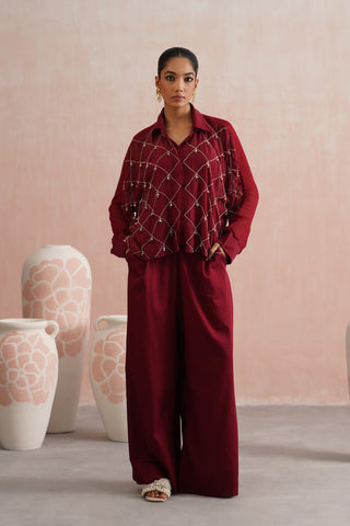 Maroon Mul chanderi pearl and ruby embroidered co-ord set