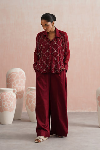 Maroon Mul chanderi pearl and ruby embroidered co-ord set