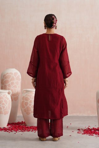 Maroon Mul chanderi pearl and jewels embroidered Suit