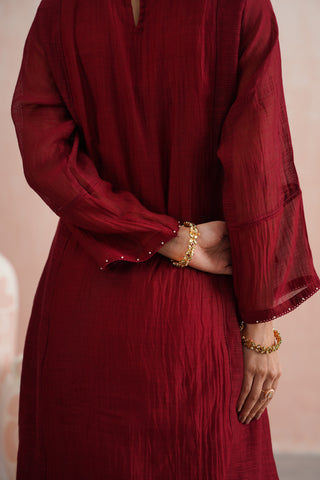Maroon Mul chanderi pearl and jewels embroidered Suit